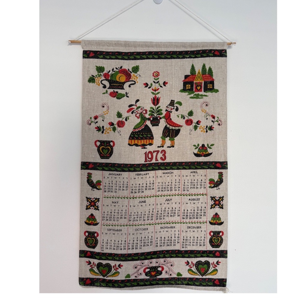 VTG 1973 Parisian Print Linen Kitchen Calendar Tea Towel Amish Dutch Country